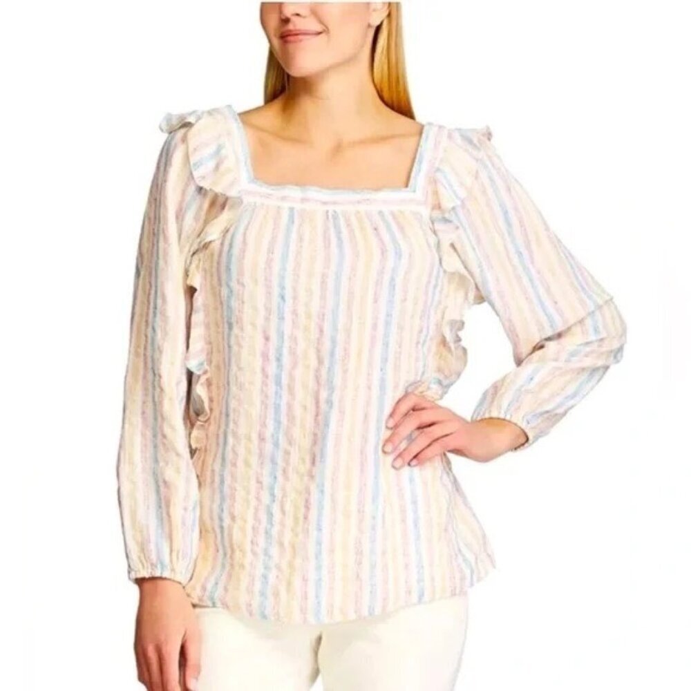 Chaps Pastel Striped Ruffle Square Neck Gauze Blouse Top